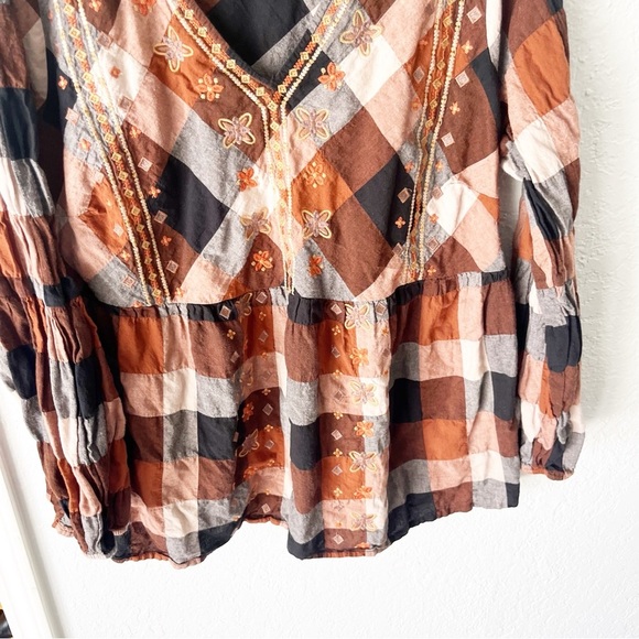 Savanna Jane Top Women's 2X Steal Away Home Embroidered Plaid Bohemian - Picture 4 of 9